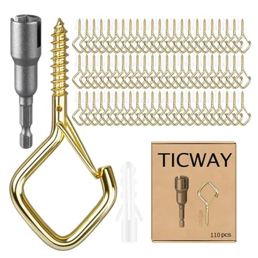 Ticway 2.36IN Ceiling Screw Hooks for Hanging Plants, Safety Buckle,110 Pcs | Safety Buckle, Steel, 40 lbs, for String Lights Plants Chimes Bird Feeders, Wood Drywall, Indoor Outdoor
