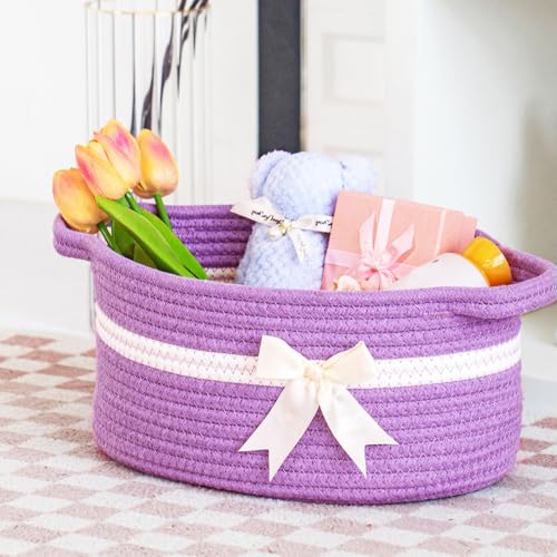 Image of Gift Baskets Empty, Small Woven Rope Storage Basket with Bow and Ribbons and Gift Wrap, Bowknot Decorative Gifts Basket with Handles, DIY Storage Organizer Basket for Wedding Graduation, Purple