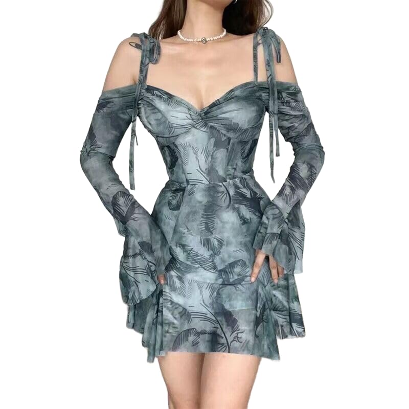Women's Sexy one-Shoulder Trumpet Sleeve Printed Waist Slimming Suspender Dress