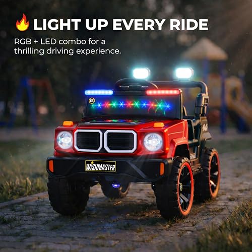 Image of Wishmaster 4x4 Kids Electric Ride On Jeep with Remote Control | Battery Operated Car for Kids 2-6 Years | RGB LED Lights, Bluetooth Music | Birthday Gift | 1-Year Warranty On Motors & Motherboard