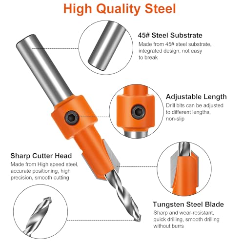 Image of Serplex 10Pcs Wood Countersink Drill Bit Set, 5Pcs Countersink Drill Bit with 5Pcs Extra Pilot Drilling Bits with 5 /16 inch Round Shank, Counter Sinker Drilling Bits Set for Woodworking