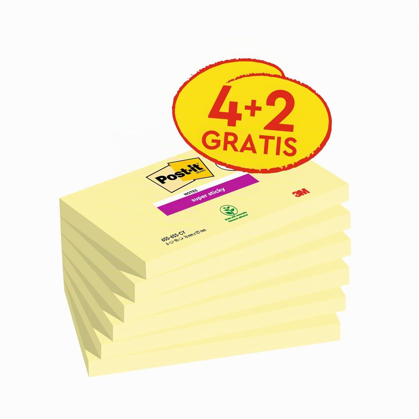 Post-It Foglietti Super Sticky Giallo 76x127mm 90 Fogli 4+2 Blocchetti