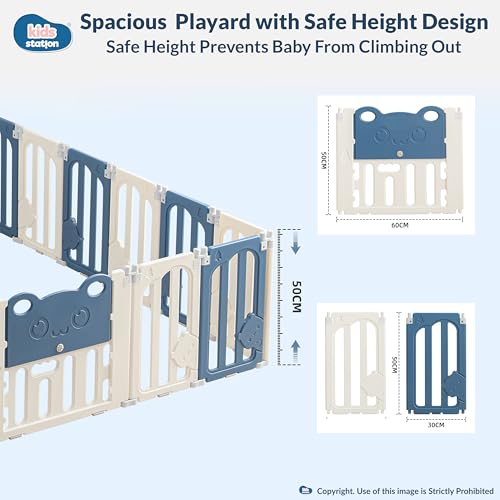 Image of Kids Station Little Bear Blue Baby Playpen with Playmat & 20 Colourful Balls Included, Safety Play Yard for Toddlers & Babies, Anti-Slip, Indoor /Outdoor, 150 x 180 cm