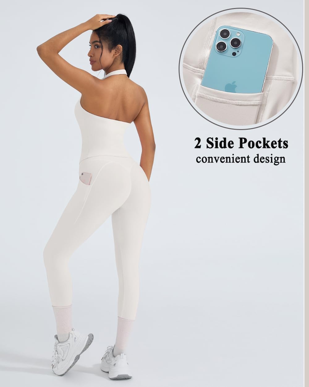 OMKAGI 2 Piece Workout Sets for Women Halter Tops Booty Leggings with Pockets Gym Outfits - Image 4