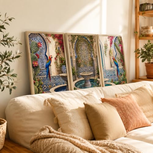 Image of Artify Set of 3 Moroccan Courtyard Parrot Wall Paintings for Living Room Dining Bedroom Decor with Premium Wooden Color Synthetic Frame