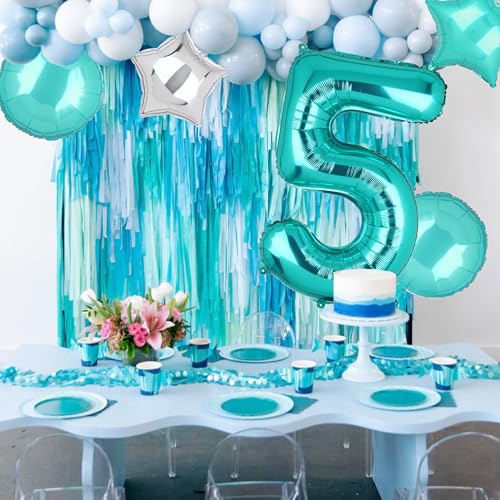 Image of Teal Blue Number 5 Balloons 40 Inch 5th Birthday Mermaid Theme 5 Pcs | Big Helium Mylar Digital Balloon Anniversary Wedding Party Decor Supplies