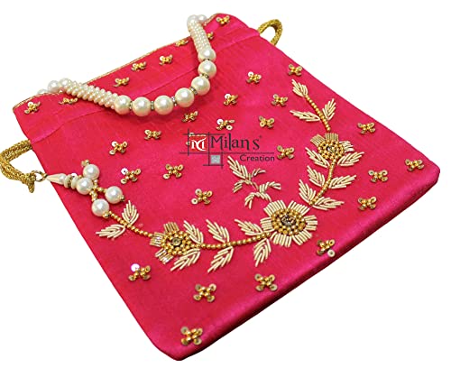 MILAN'S CREATION : Pearl & Zardosi Potli Bag Hand Embroidery Drawstring Potli Women's Handbag Purse With Pearl Handle & Tassel Purse - Image 8