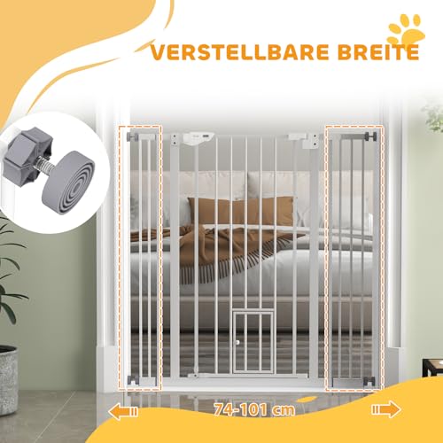 PawHut Treppenschutzgitter Türschutzgitter Ohne Bohren 74-101cm Kinderschutzgitter mit Katzenklappe Auto-Close Einhand Öffnung doppelte Verriegelung Türgitter für Kinder Haustier für Treppe Tür Weiß
