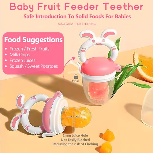 Image of WAJIAYON Baby Fruit Feeder Pacifier - 6 Pack | 2 Infant Food Feeder Pacifier & 2 Baby Food Dispensing Spoon | Fresh Fruit Teethers for Babies | Silicone Feeder Babies,Infant Teething Feeders -Pink