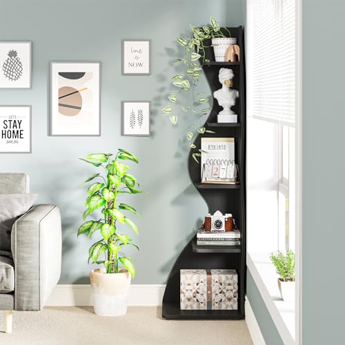 Image of Tribesigns Corner Shelf, Modern 5-Tier Wall Corner Bookshelf, Stylish Corner Small Bookcase Storage Rack Plant Stand with Unique Shape for Living Room, Home Office, (1PC, Black)