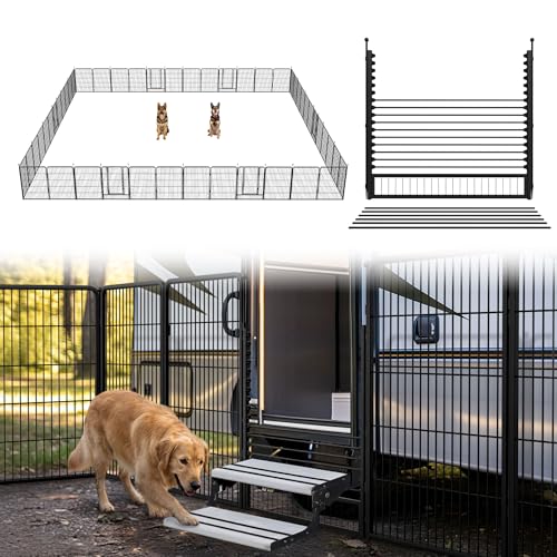 Image of FXW Instant Dog Playpen with RV Step Grid for RV Camping, 40 inch H, 48 Panels | Quick-Setup & Heavy-Duty Play Yard, Helps Close Stair Gaps, Fits 32 inch RV Step Opening, For Medium & Large Dogs, Patented