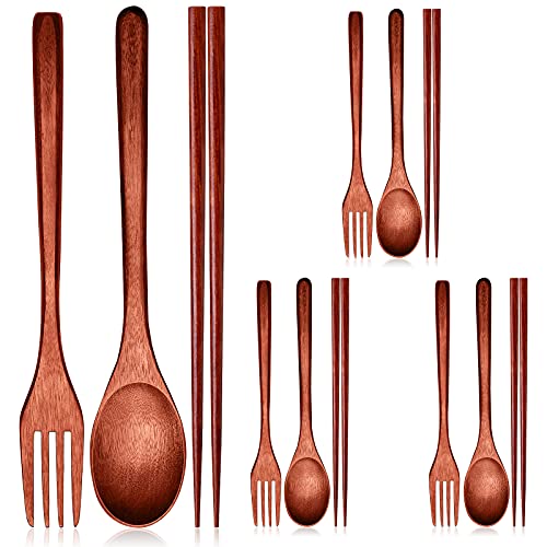 Wooden Flatware Set Natural Wooden Cutlery Set Chopsticks Spoon Fork Set Long Handle Utensils Set Reusable Japanese Style Tableware Set for Kitchen, Home, Camping, Picnic (12)