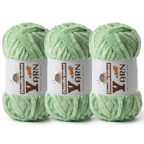 Image of 3 Pack Plush Chenille Chunky Yarn - Fluffy Velvet Yarn Crochet for Blanket Knitting and Crocheting - Soft Baby Yarns for Crocheting - Amigurumi Crochet Yarns 100g (87yds) (Light Green)