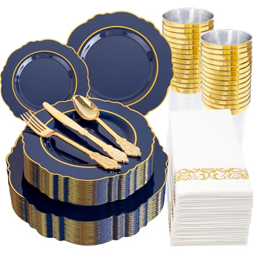 KIRE 210Pcs Navy Blue Plastic Plates - Blue Plates Disposable - 30guest Baroque Plastic Dinnerware for Upscale Wedding/Parties