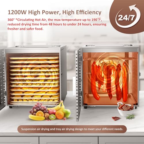 Commercial Large 12 Trays Food Dehydrator, Usable Area up to 22.67ft², 1200W Full Stainless Steel Dryer Machine, up to 190℉ Temperature, for Meat, Fruit, Veggies, Beef, Herbs, Pet Foods