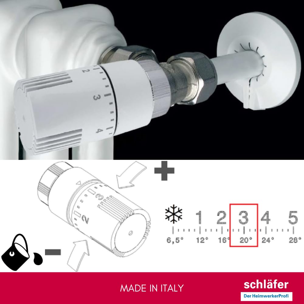 Schläfer 37040100 | Valvola Design Termostatica Bianca per Termosifoni, Testina di Comando per Radiatore Sensibile a liquido, Manopola con Regolazione intervallo Temperatura Attacco M30x1,5