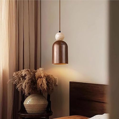 Miniatura 4 de Nordic Retro Bedside Pendant Light Modern Solid Wood Shade Hanging Lamp with Travertine Accents 78.8IN Adjustable Cord Chandelier for Dining Room