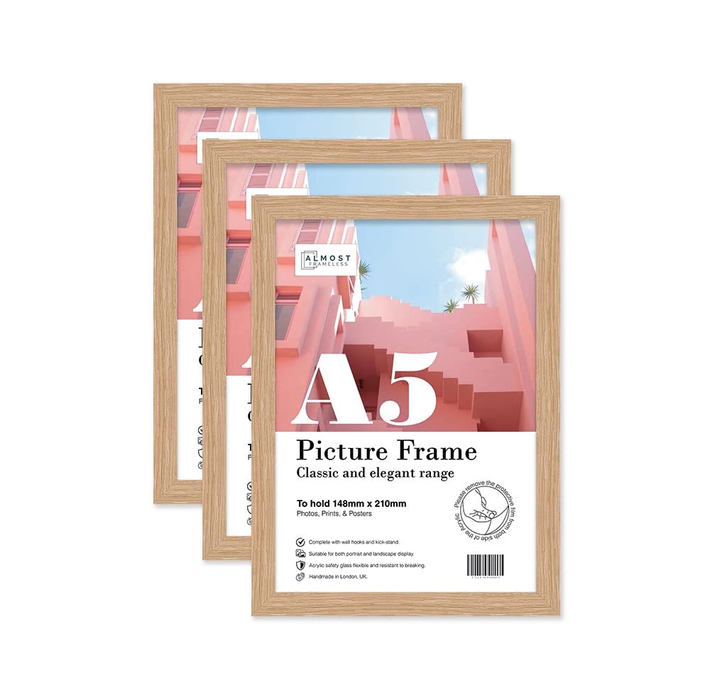 Almost Frameless A5 Oak Picture Frame Set of 3, Display A5 Picture Gallery Wall, Poster, Photo, Artwork, or Print, Oak