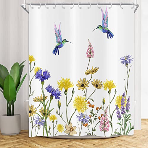 GCIREC Blumen-Duschvorhang, Frühlings-gelbe Gänseblümchen mit Kolibri, rustikaler Blumen-Badezimmer-Vorhang für Zuhause, Badewanne, Dekoration, wasserdichter Stoff, maschinenwaschbar mit 12 Haken Cover