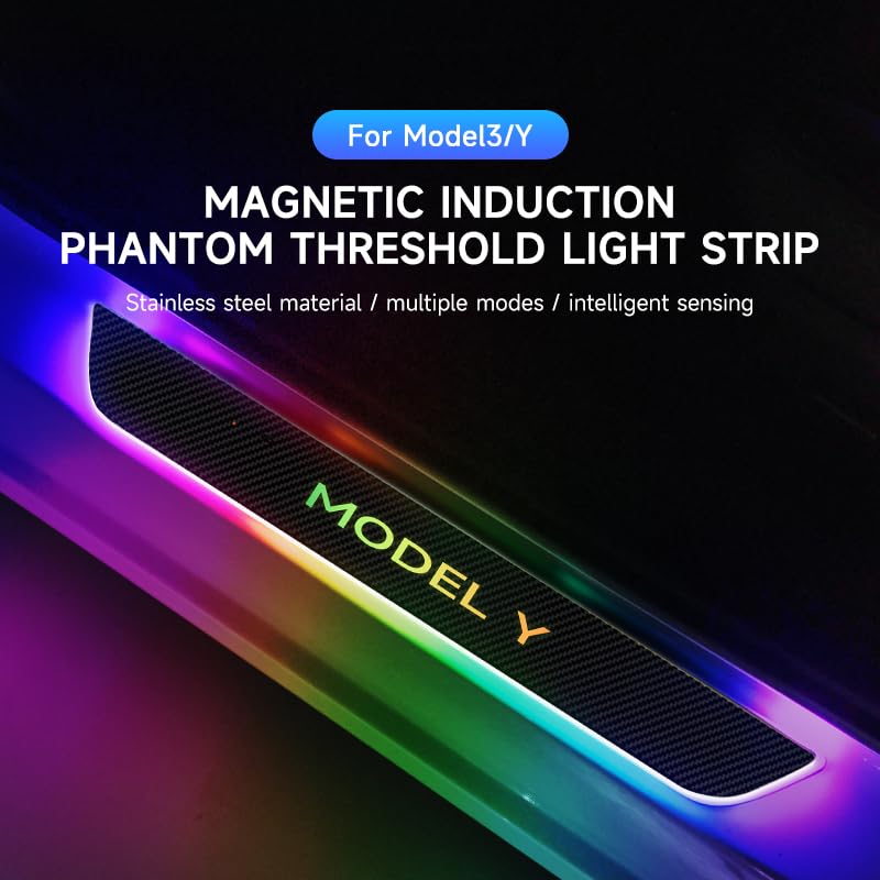 LED Car Door Sill Lights for Tesla Model Y/3 Car Door Sill Protector Led Door Sills for Tesla Y/3 Car Threshold Lights RGB Car Threshold Pedal Lamp Welcome Scuff Plate Pedal (Model 3, 4PCS)