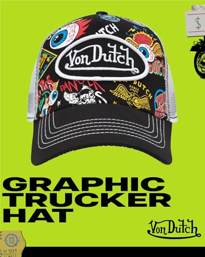 Image of Von Dutch Monogram Trucker Cap - Retro Snapback Cap for Men and Women - Adjustable Snap Fit Panel, Mesh Rear, Curved Bill