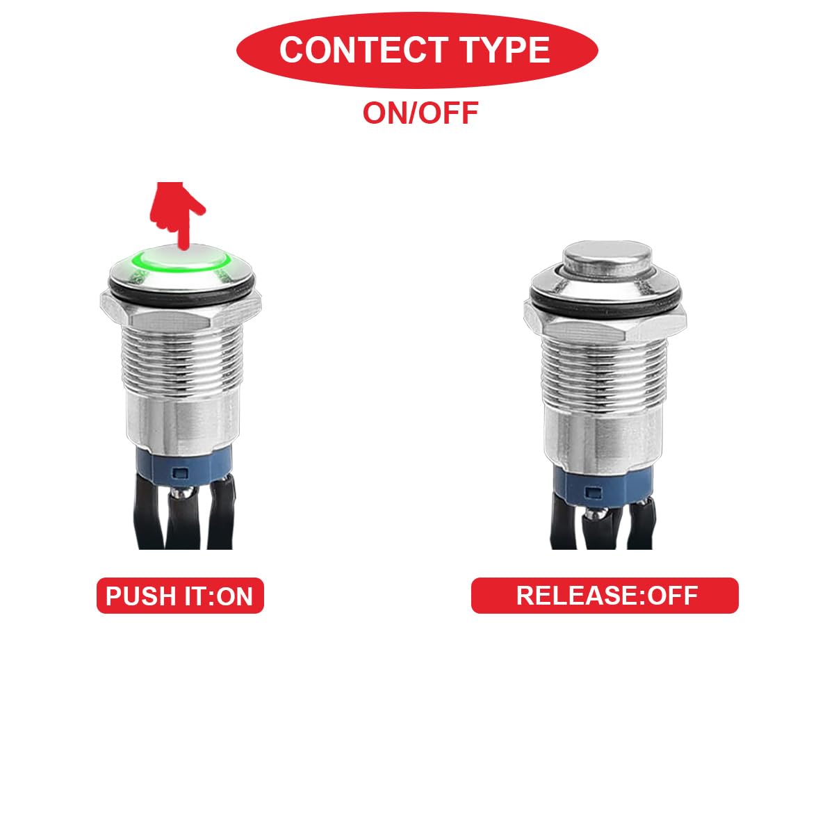 6 szt. 12 mm chwilowy przycisk LED czerwony/niebieski/zielony ze srebrną obudową DC 12 V 3 A 4-pinowy 1NO SPST IP65, wodoszczelny, okrągły metalowy przełącznik, przycisk ze stali nierdzewnej