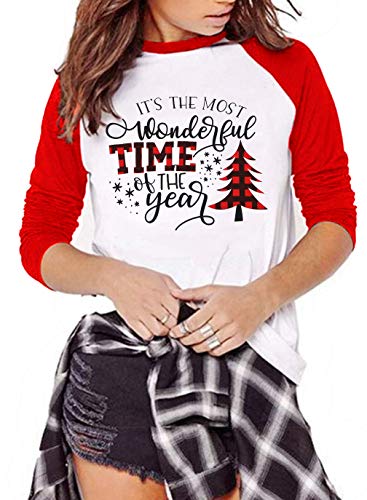 Its The Most Wonderful Time The Year T Shirt Women Plaid Christmas Tree Tee Tops Letter Print Long Sleeve Holiday Shirt Red