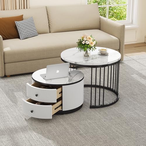 BTM Lot de 2 Tables Basses, Aspect Marbre avec Cadre en Métal Doré, Table Basse Gigognes Ronde avec 2 Tiroirs, Chargde 30kg, 60X60X45cm et 50x50x32cm, Blanc...