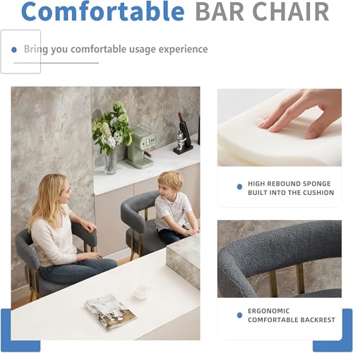 Image of YITAI 27 inch H Counter Height Bar Chairs Set of 4, Modern Barrel Counter Bar Stools with Backrest and Arms, Gold Metal Legs, Teddy Velvet Upholstered Accent Barstools for Kitchen Island, Gray