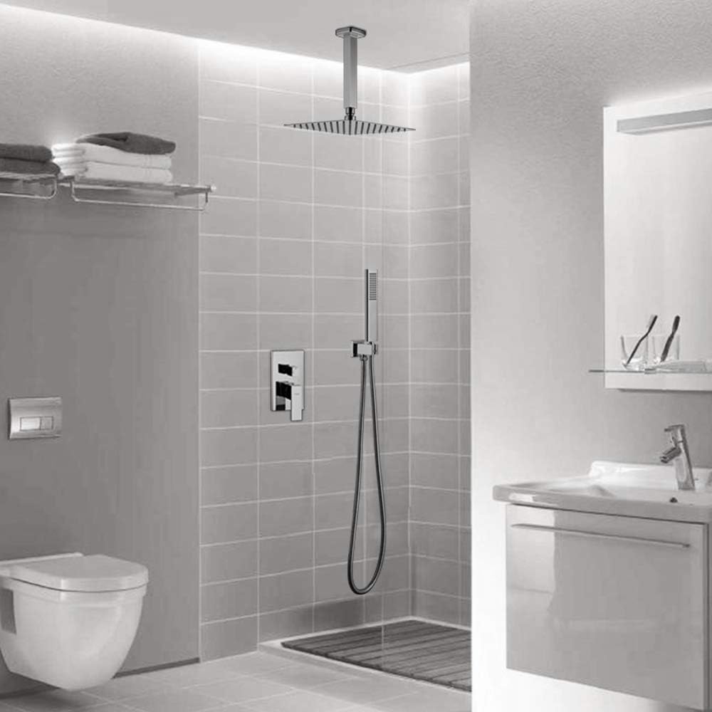 Prоmо 40% оƒƒ Iriber Ceiling Mount Rain Shower System with 10 Inch Shower Head and Hand held Bathroom Polished Chrome Shower Set Contain Shower Faucet Mixer Rough-in Valve Cartridge Body and Trim Kit