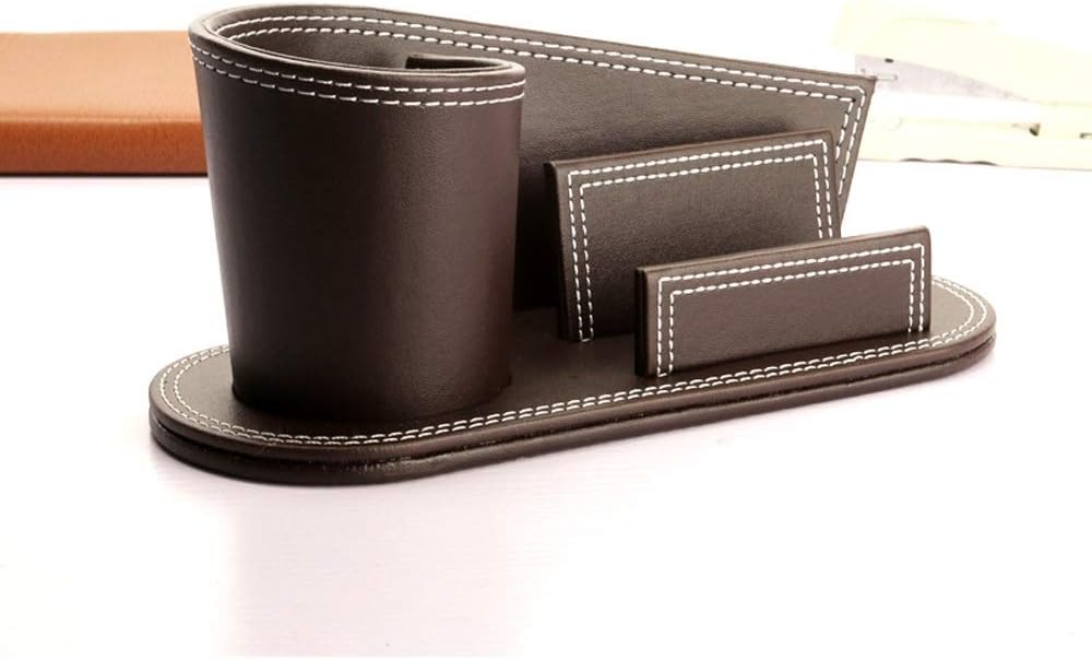 PU Leather Pen Holder Table Organizer Office Desk Retro Pen Box Simple Business Desk Set Creative Multifunction Organizer with Business Cards Brush Storage Box Pen Holes Black (Color : Brown)