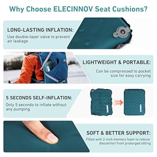 Inflatable Seat Cushion, Self Inflating Memory Foam Stadium Seat Cushion Lightweight Camping Chair Pad Airplane Cushion for Long Flights Outdoor Travel Bleacher Office Car Backpacking (Blue)