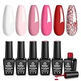 Beetles Pink Gel Nail Polish Set - 6 Colors Pink Gel Polish Nail Kit Red Nude Pink White Glitter Color Gel Fall in Love Collection Soak Off Uv LED Nail Lamp Gift for Women & Girls