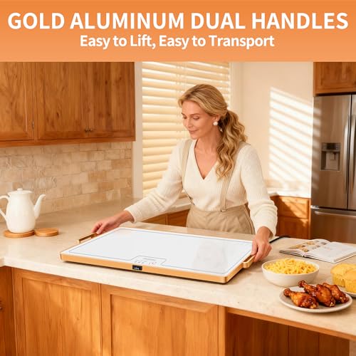 Image of Food Warming Mat (XL 24 inchx16 inch), Food Warmers for Parties Buffet and Daily Use, Full Surface Warm Evenly Electric Warming Tray with Button Temperature Control, Gold Handles Warming Mat for Food, White