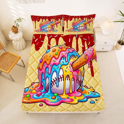 Homewish Juego de ropa de cama individual con diseño de helado de béisbol, sábana bajera ajustable de helado rojo y amarillo, ropa de cama deportiva de béisbol, divertida funda de cama de postre dulce