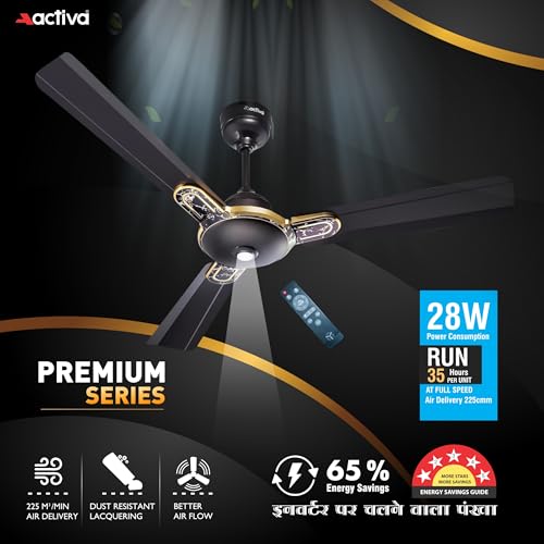 Image of ACTIVA Energia 1200mm BLDC Ceiling Fan with LED Light & Remote | 28W BEE 5 Star Energy Saving Fan, High Air Delivery 3 Blade, Silent Operation, Timer & Reversible Mode, 5 Year Warranty Marble Black