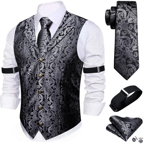 Image of Barry.Wang Mens Silk Lapel /Shawl Collar Vest Tie Sleeve Holder Set Formal /Casual Paisley Vests Wedding Tuxedo Waistcoat