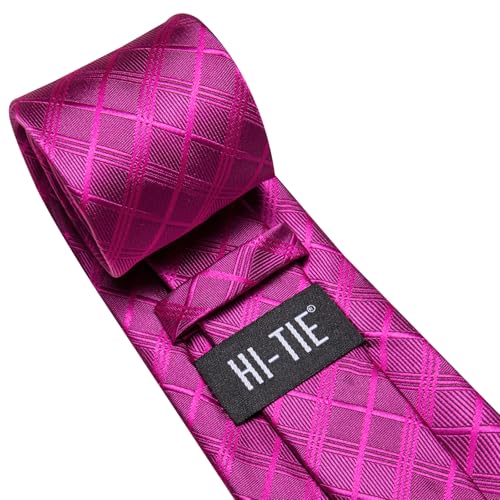 Image of Hi-Tie Mens Hot Pink Checkered Ties Set Classic Necktie Lapel Pin Pocket Square Cufflinks Sets Formal Business Wedding