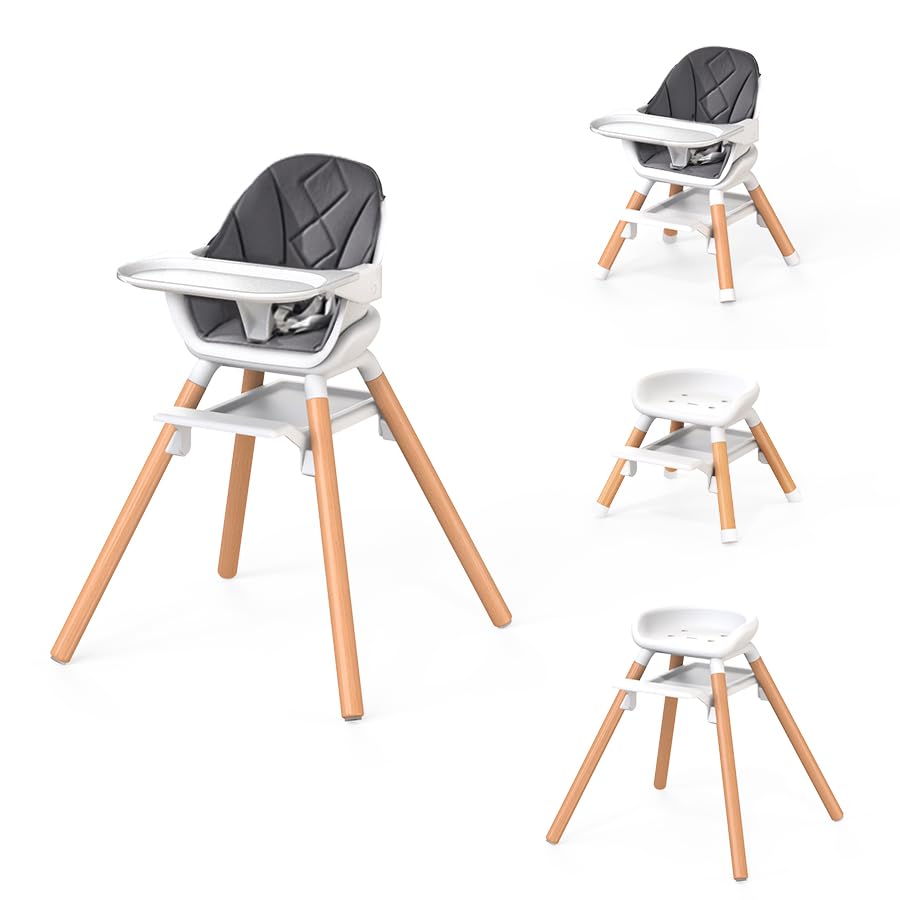 Image of DDIOYIUR High Chair, High Chairs for Babies and Toddlers, Baby High Chair for Eating, 6 in 1 Easy Clean Highchair with Removable Double Tray and Reversible Footrest, Wooden Legs, Grey