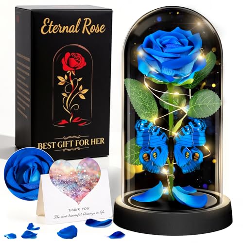 HAOCEE Regalos de cumpleaños para Mujeres, Rosa Eterna en Cristal con Mariposas LED, Rosas Azules Clásicas, Regalo de Cumpleaños Día de la Madre, Mamá, Esposa, Novia, Abuela,Ella（Rosa Mariposa Azul）