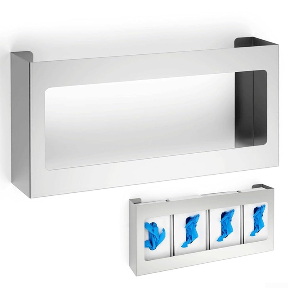 Soporte para guantera de acero inoxidable, dispensador de 4 compartimentos para guantes de nitrilo de látex, toallas, toallitas, organizador resistente para hospital, restaurante, baño, plateado