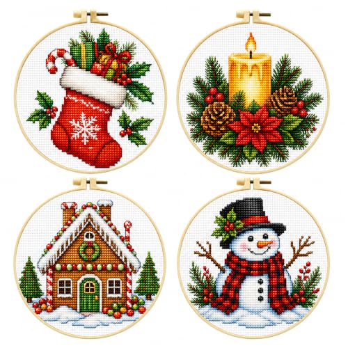 Image of Zhenqing 4 Christmas Cross Stitch Kit, 11CT Printed Fabric, Hoop & Tools | 4 Christmas designs with 11CT printed fabric, extra floss, one hoop, tools and English guides for beginners.