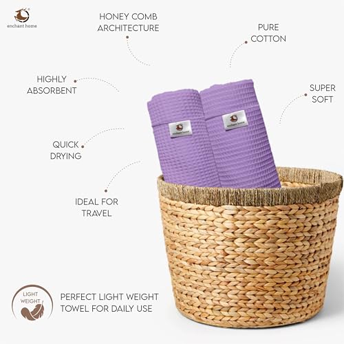 Image of Pure Cotton Waffle Towel | Lightweight | Anti-Microbial and Water Absorbent | Soft Touch Quick Drying Hand Towels (Lavender, Pack of 4)