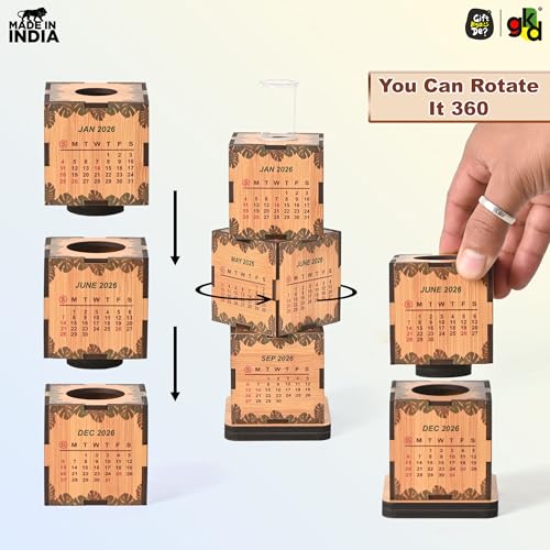 Image of Gift Kya De Eco-Friendly 2026 Desk Calendar with Planter & Pen Holder | GKD Wooden-Style Cube Table Calendar, Desk Organizer for Office & Home Decor | Perfect Corporate & Festive Gifting