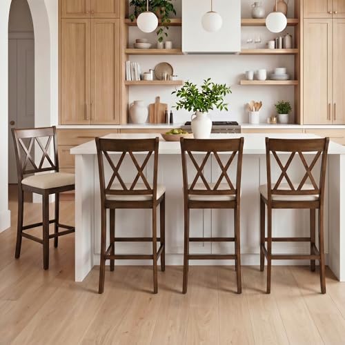 Butacos de barra chairus, set de 6 unidades, altura 24 pulgadas, respaldo en X cruzado y asiento acolchado en cuero sintético PU, estilo moderno y rústico para isla de cocina, bar en casa o comedor miniatura 3