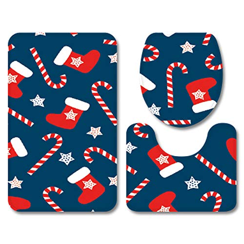 Wc Deckelbezug 3Pcs Cartoon Home Dekorative Weihnachten Badezimmer Teppich Set Flanell rutschfeste Toilettenkissen Abdeckung Badematte Weihnachtssitz-No.4_50X80Cm 3Pcs