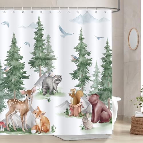 Bonhause Rideau de Douche Animaux Forêt Ours Cerf Renard Écureuil Rideau de Bain Tissu Polyester Anti Moisissure Imperméable Lavable Rideaux Salle de Bain...