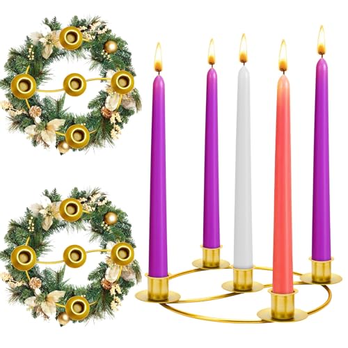 MOUNTCLI 2 Pack Advent Candles 5 Candle Advent Wreath Candle Holder, Christmas Golden Candle Rings Candle Holder for Tapered Advent Candles Table Decoration