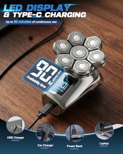 Image of Head Shaver for Bald Men, 7D Floating Head Electric Razor, IPX7 Waterproof Wet & Dry Bald Shaver with Magnetic Detachable Blade, Type-C Fast Charging LED Display, Gift for Men Father's Day