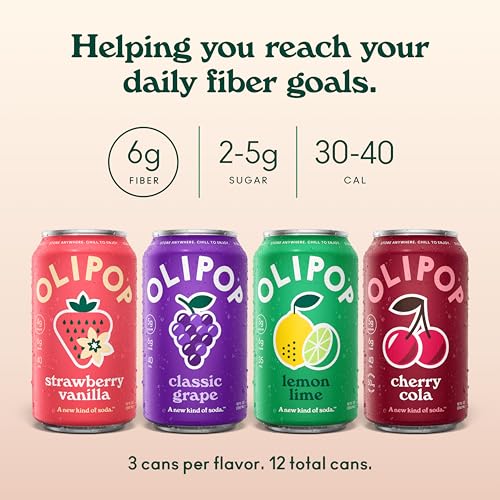 Image of OLIPOP Prebiotic Soda Pop, Fruity Fun Variety, Pantry Pack Packed with Prebiotics, Fiber, and Botanicals, Gluten Free, GMO Free, 12oz (12-Cans) (Packaging May Vary)